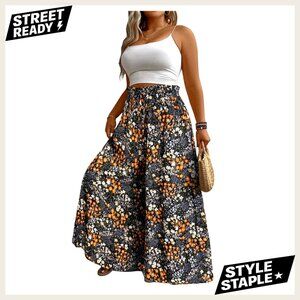 Plus Size Floral Palazzo Pants Boho Wide Leg Drawstring Vacation